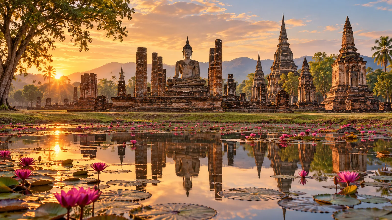 AI-generated destination illustration inspired by Sukhothai